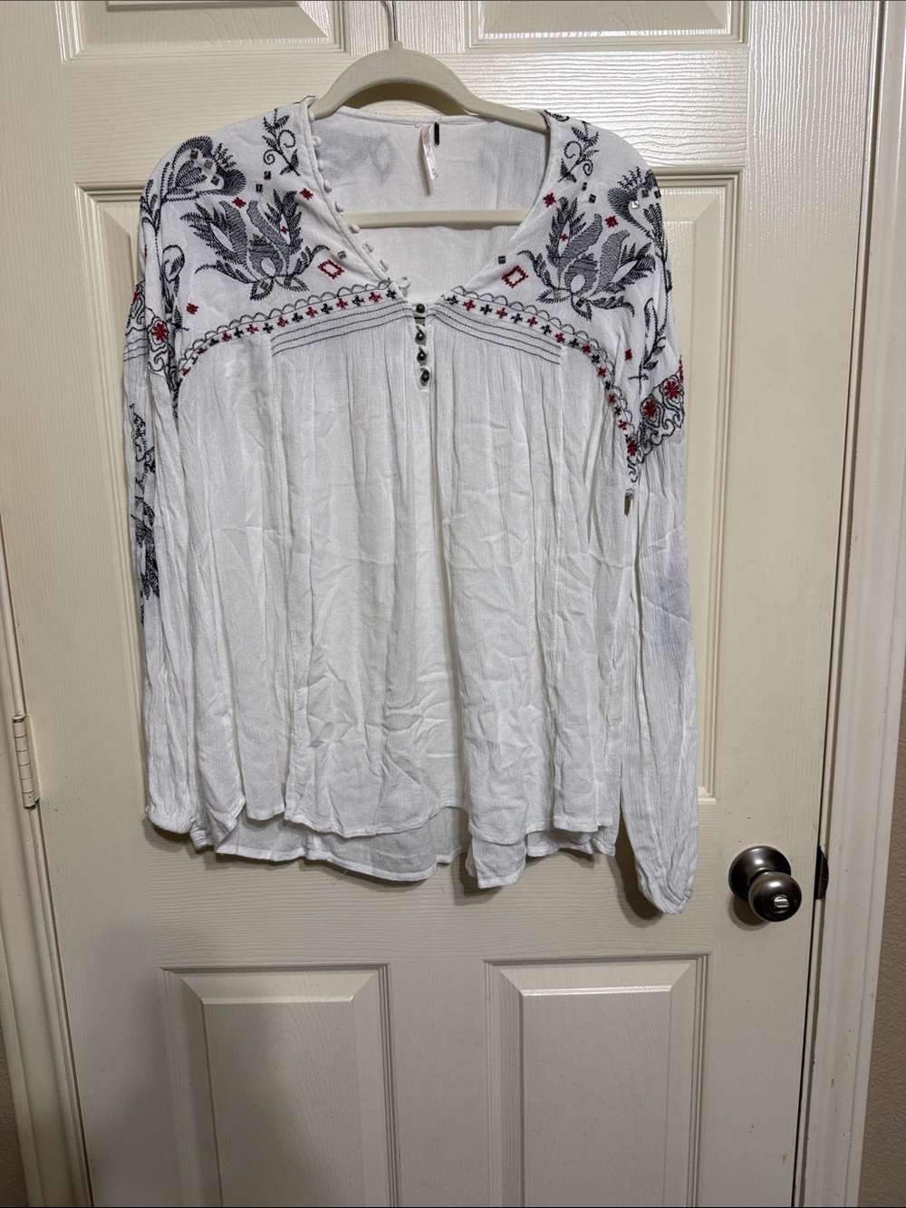 Free People White Embroidered Peasant Tunic with Black & Red Accents